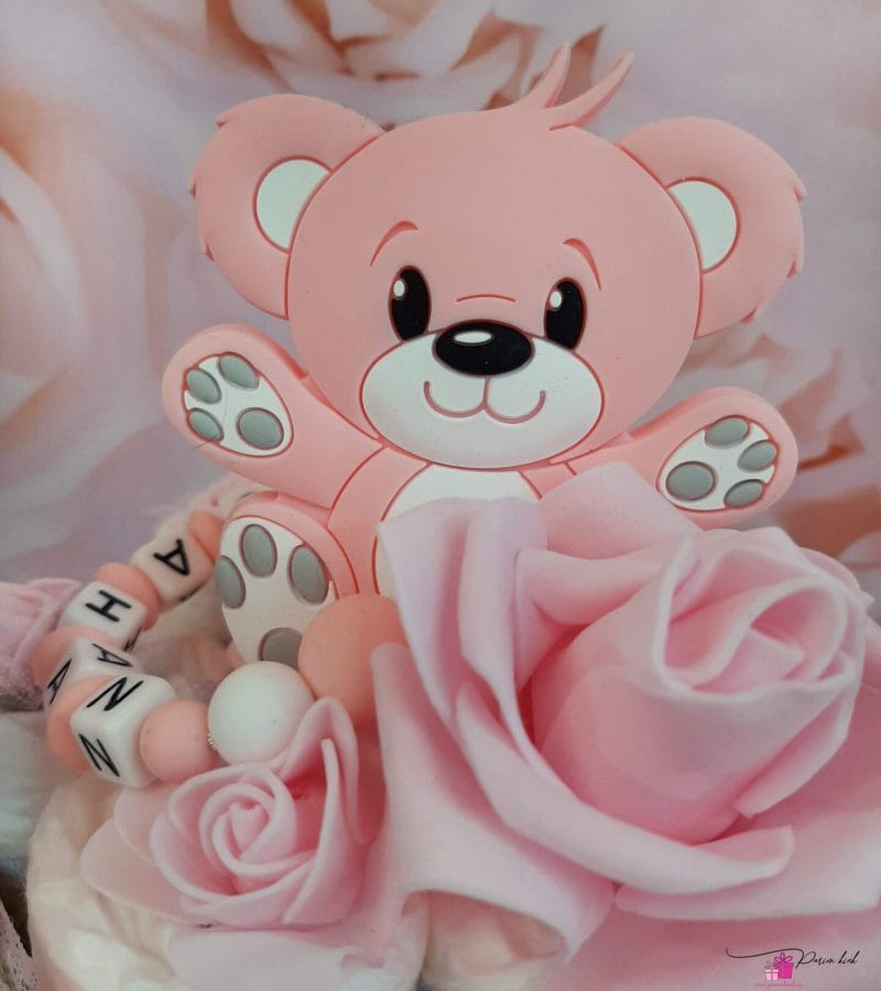 Roosa mähkmetort närimisrõnga ja lutiketiga 2 Roosa mähkmetort närimisrõnga ja lutiketiga 2