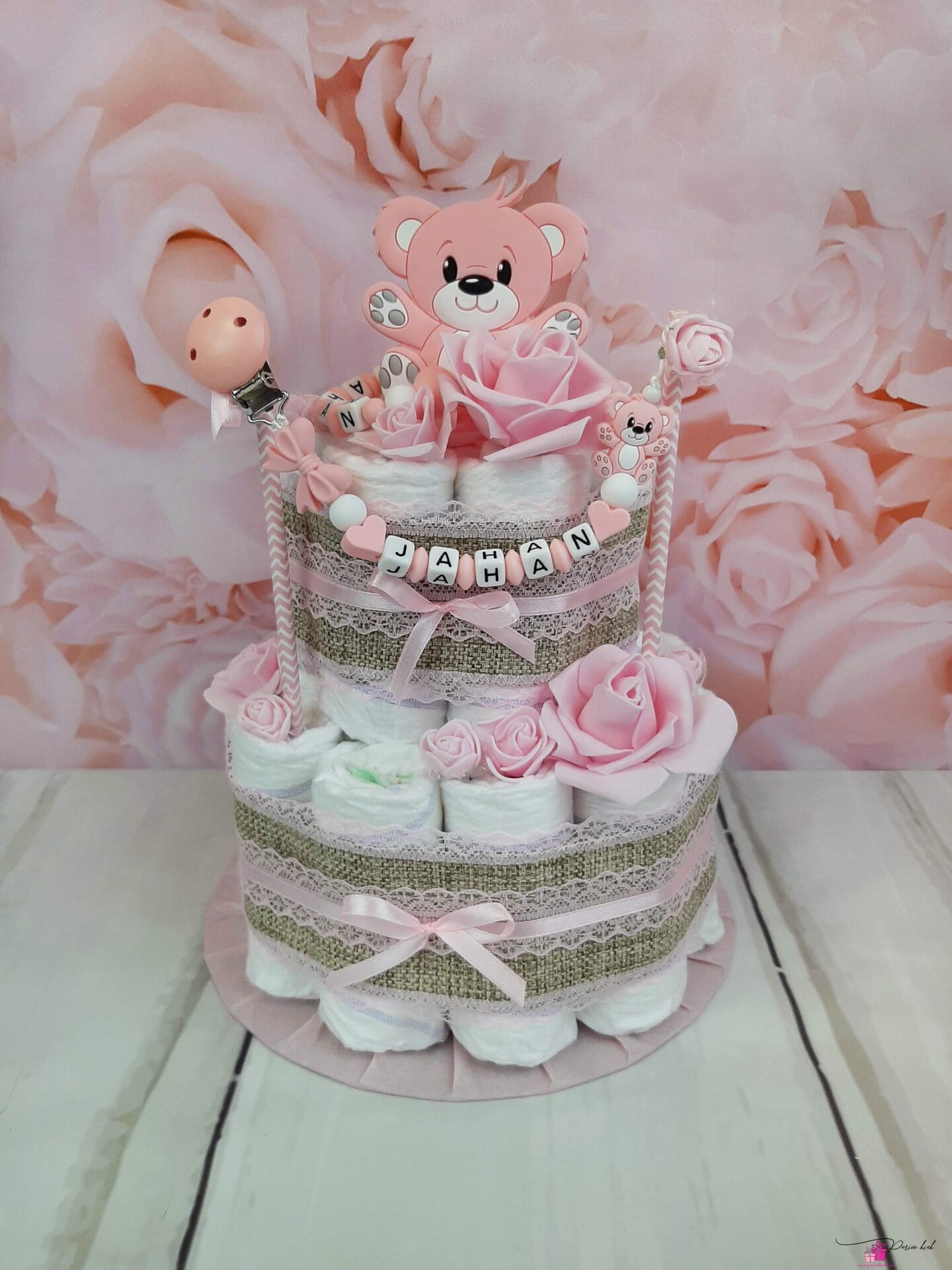 Roosa mähkmetort närimisrõnga ja lutiketiga 4