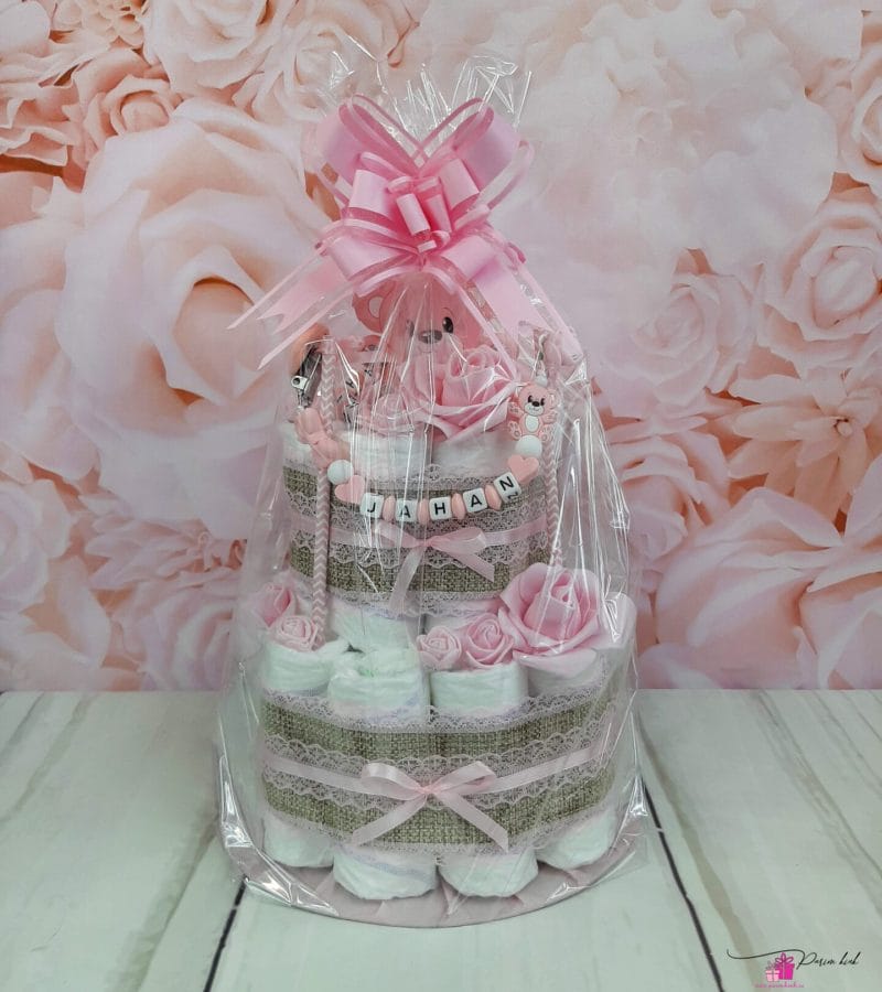 Roosa mähkmetort närimisrõnga ja lutiketiga Roosa mähkmetort närimisrõnga ja lutiketiga