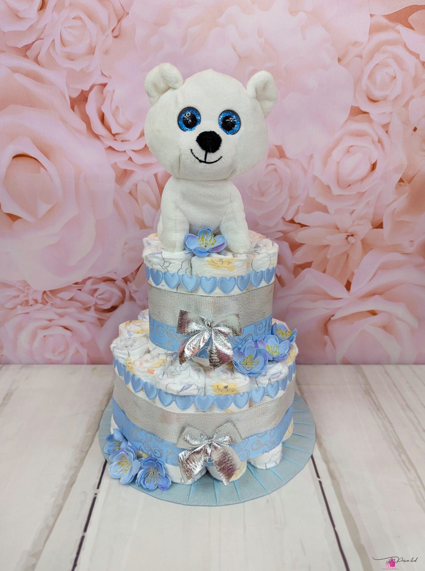 sinine-hõbe mähkmetort karuga