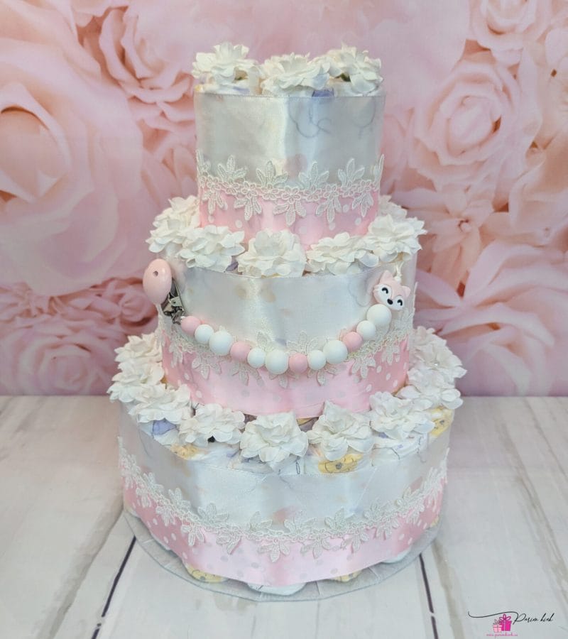 heleroosa-valge mähkmetort lutiketiga